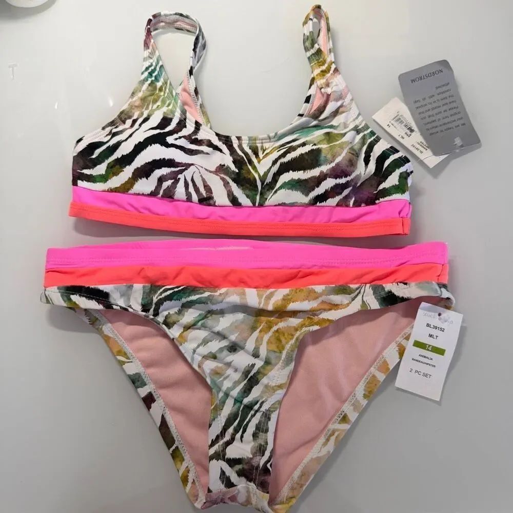 Beach Lingo Multicolor Two-Piece Zebra Print Swimsuit Bikini Set Size 14 NWT